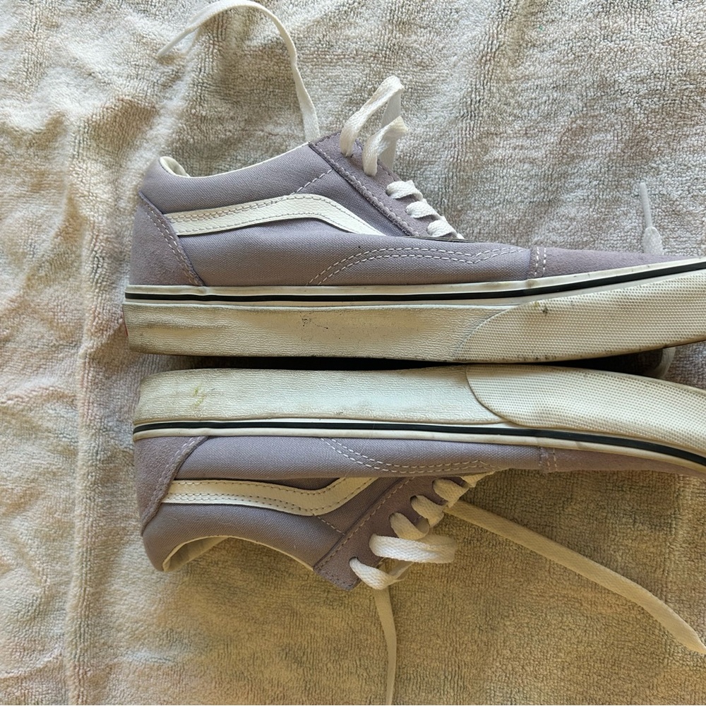 Vans- lavender shoes, slightly worn. minor scuffing with some wear and tear.